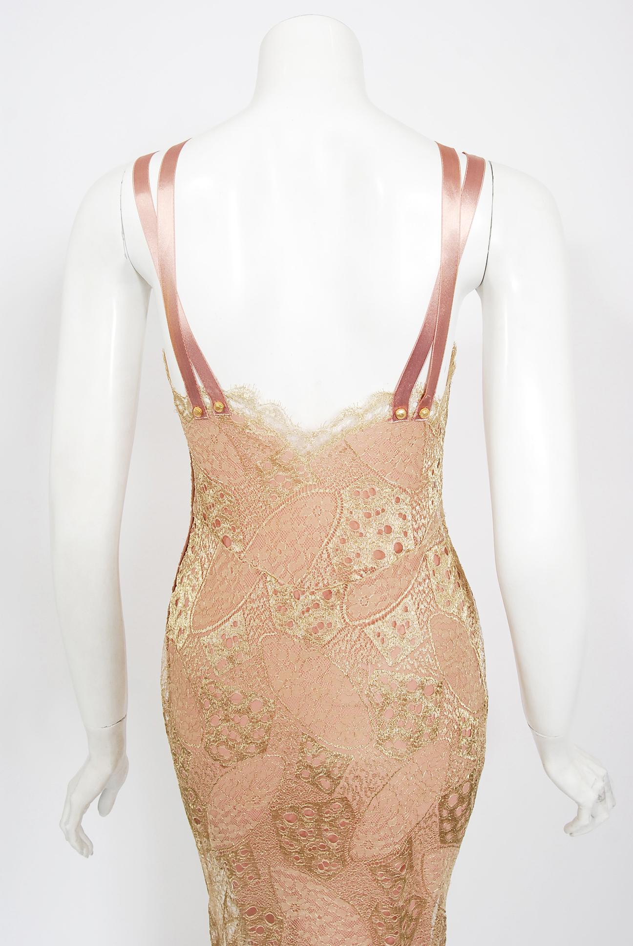 Vintage 2001 Christian Dior by John Galliano Gold Lace & Pink Silk Bias-Cut Gown 4
