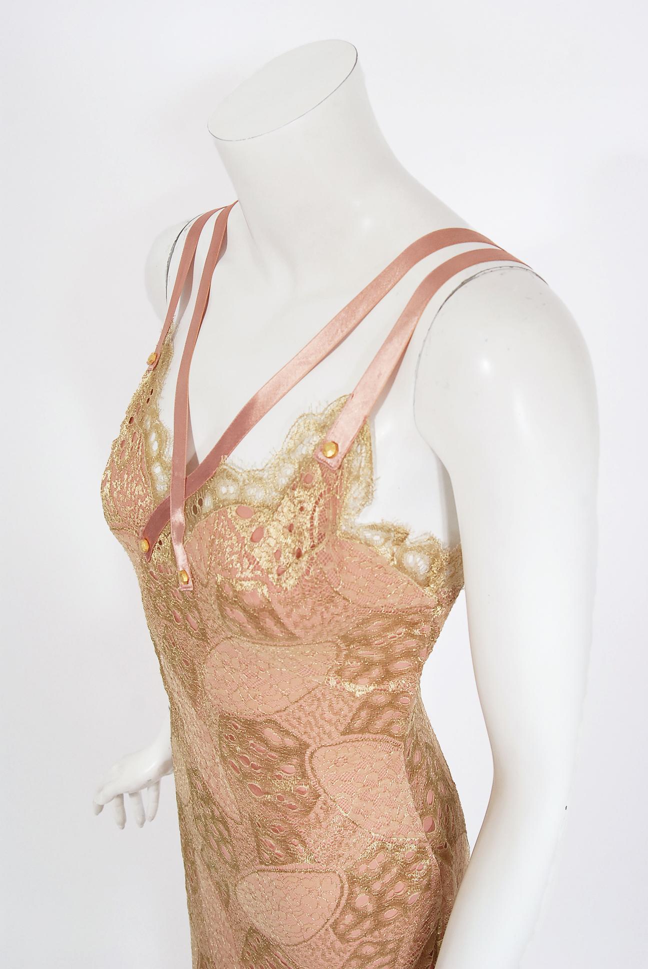 Vintage 2001 Christian Dior by John Galliano Gold Lace & Pink Silk Bias-Cut Gown In Good Condition In Beverly Hills, CA