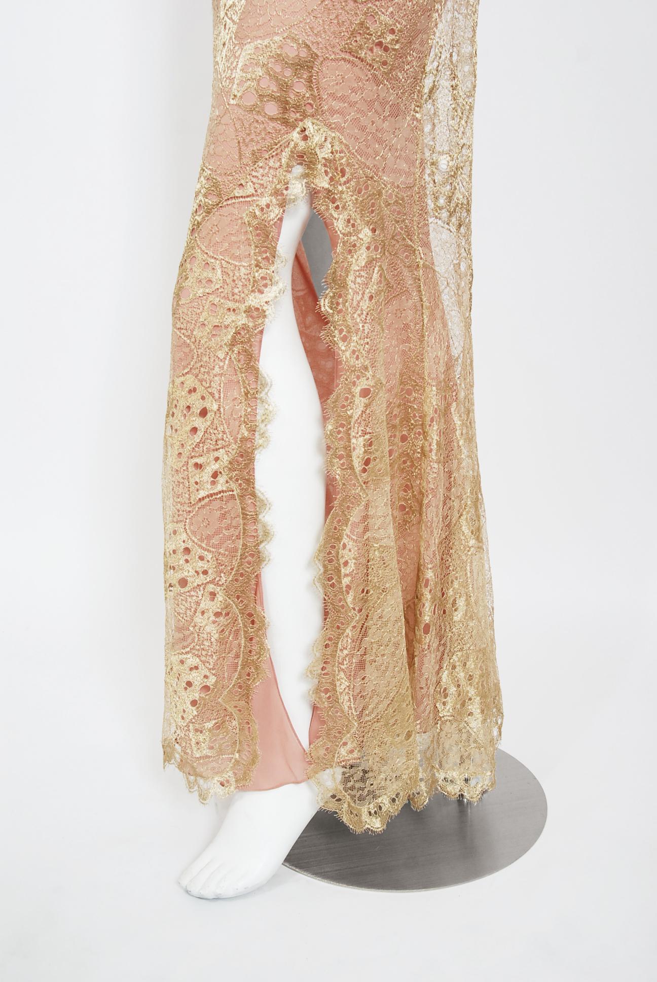 Women's Vintage 2001 Christian Dior by John Galliano Gold Lace & Pink Silk Bias-Cut Gown