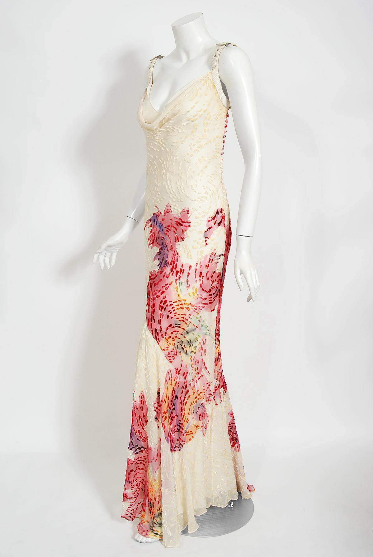 Beige Vintage 2001 Christian Dior by John Galliano Ivory Floral Silk Bias-Cut Gown