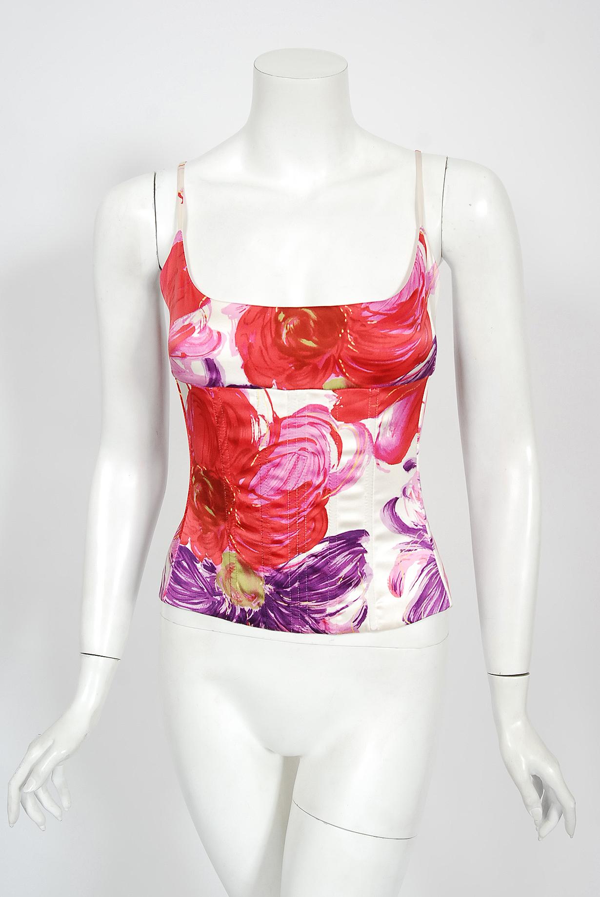 2001 Dolce & Gabbana Documented Floral Stretch Silk Boned Bustier & Ruffle Skirt For Sale 8