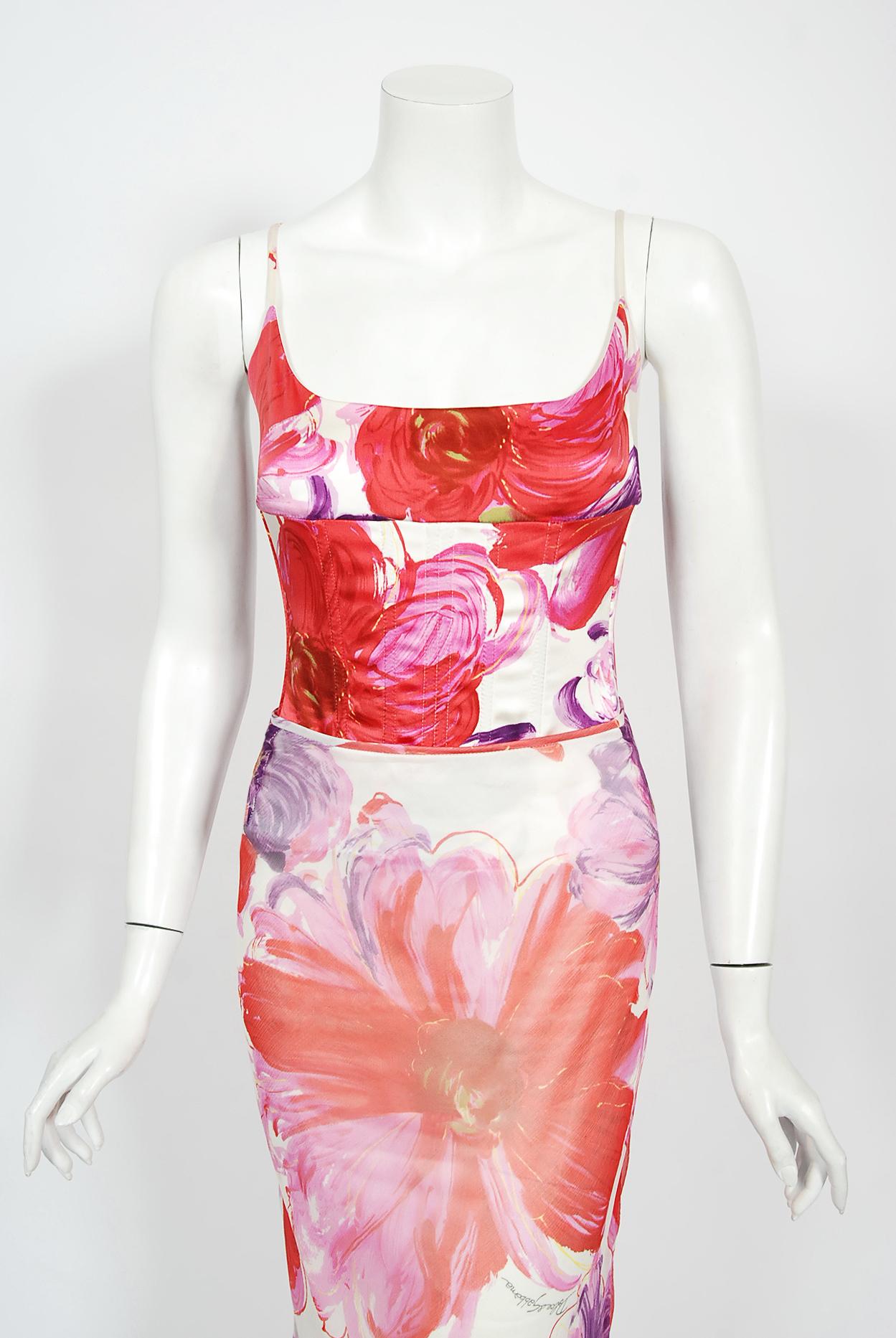 Pink 2001 Dolce & Gabbana Documented Floral Stretch Silk Boned Bustier & Ruffle Skirt For Sale