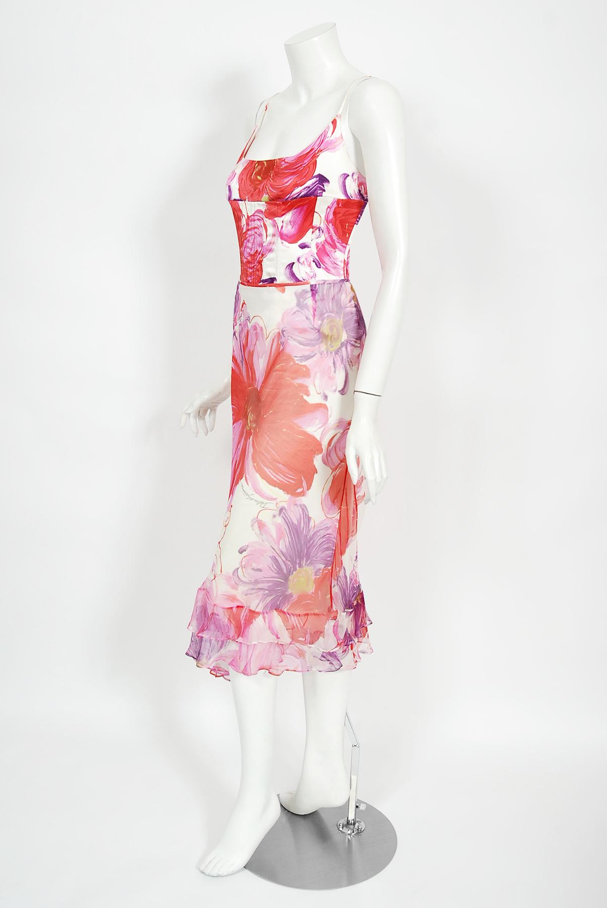 2001 Dolce & Gabbana Documented Floral Stretch Silk Boned Bustier & Ruffle Skirt In Good Condition In Beverly Hills, CA