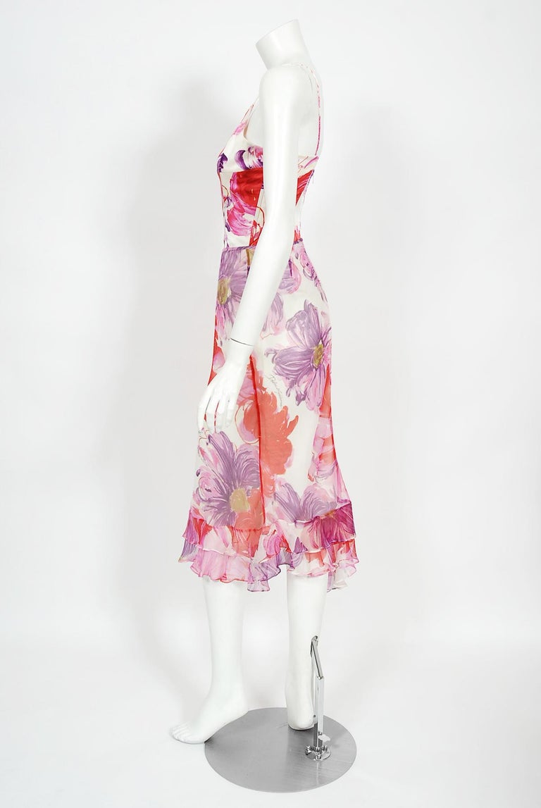 Vintage 2001 Dolce & Gabbana Floral Stretch Silk Boned Bustier & Ruffle Skirt  For Sale 3