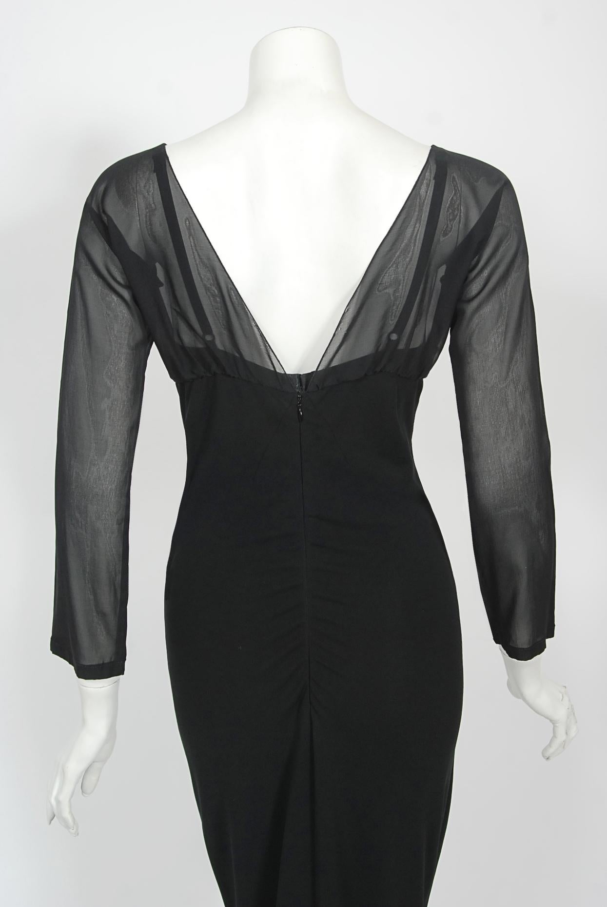 Vintage 2001 Dolce & Gabbana Sheer Black Silk Built-In Bra Plunge Hourglass Gown For Sale 7