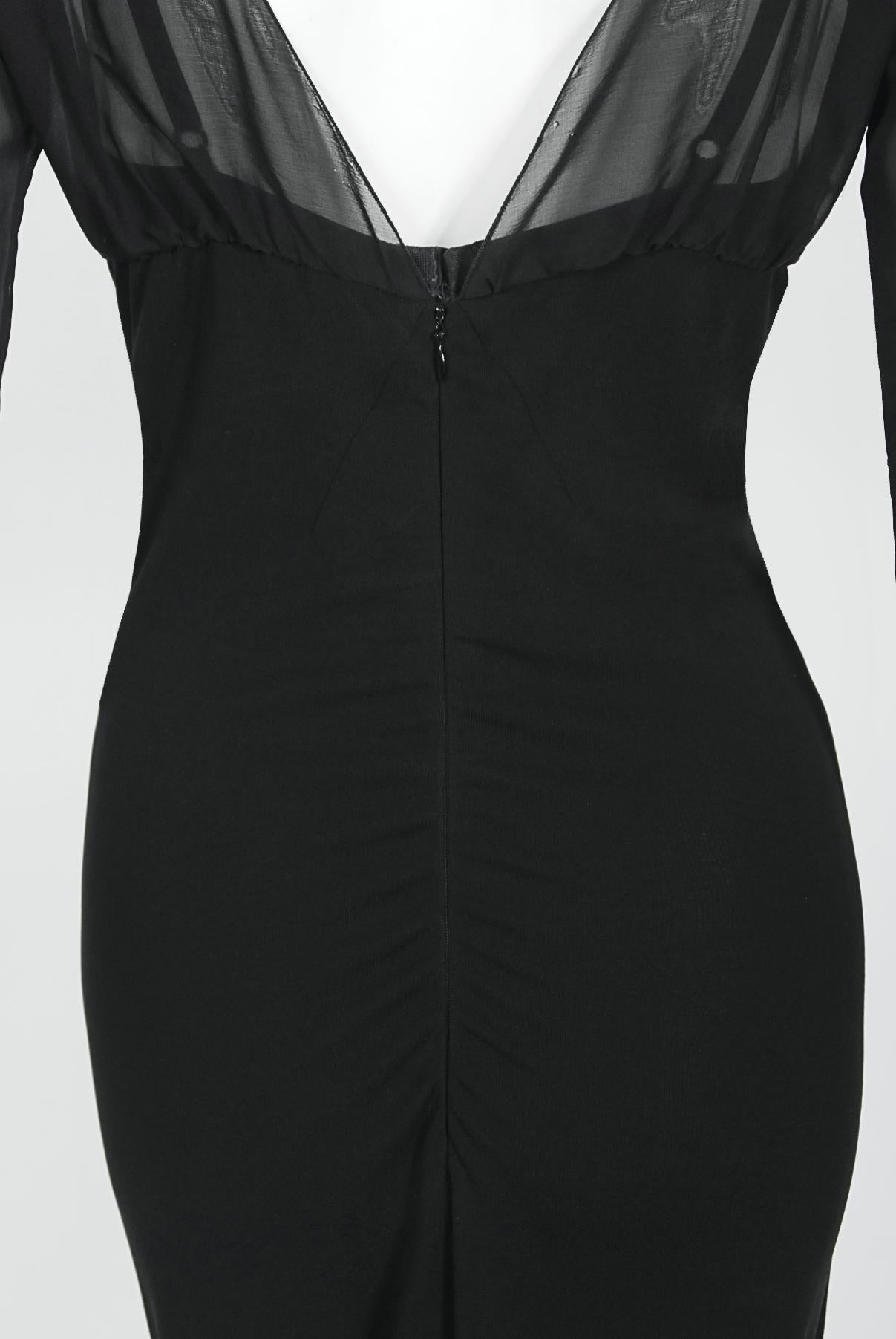 Vintage 2001 Dolce & Gabbana Sheer Black Silk Built-In Bra Plunge Hourglass Gown For Sale 8