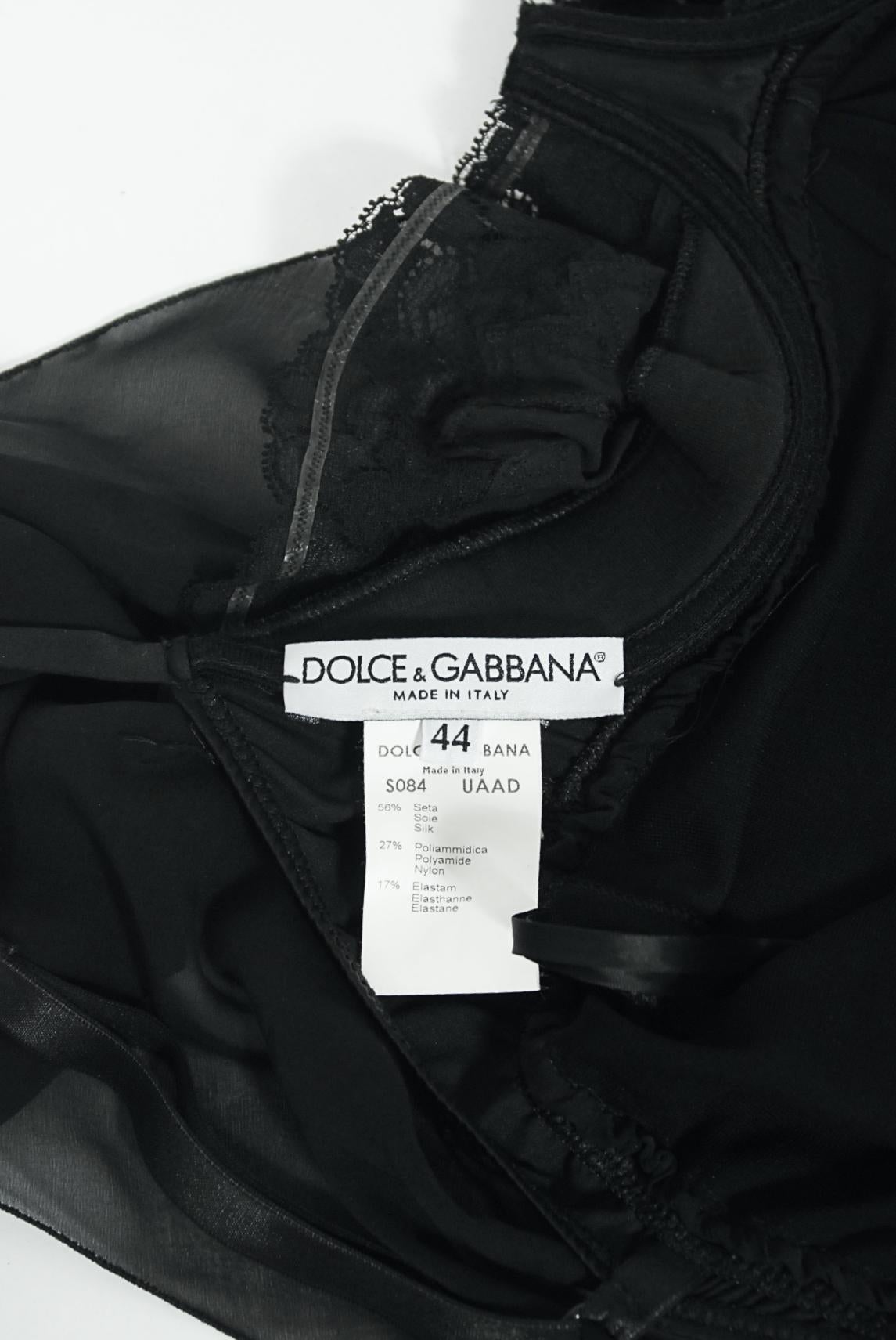 Vintage 2001 Dolce & Gabbana Sheer Black Silk Built-In Bra Plunge Hourglass Gown For Sale 10