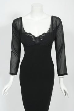2001 Dolce & Gabbana Sheer Black Silk Built-In Lace Bra Plunge Hourglass Gown