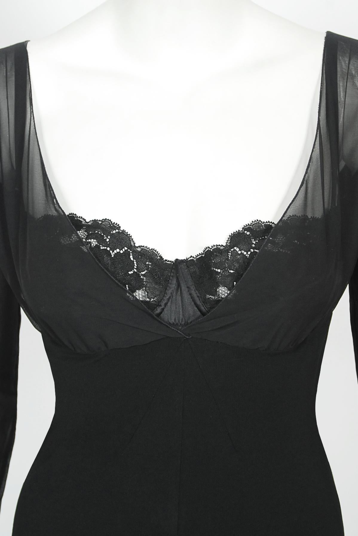 Vintage 2001 Dolce & Gabbana Sheer Black Silk Built-In Bra Plunge Hourglass Gown In Good Condition For Sale In Beverly Hills, CA