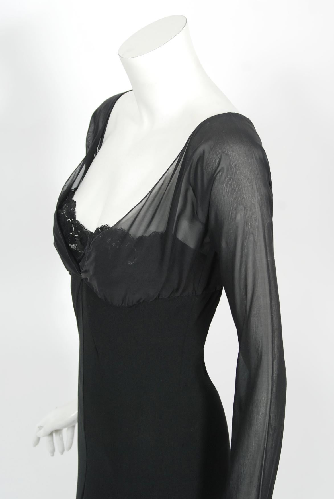 Vintage 2001 Dolce & Gabbana Sheer Black Silk Built-In Bra Plunge Hourglass Gown For Sale 3