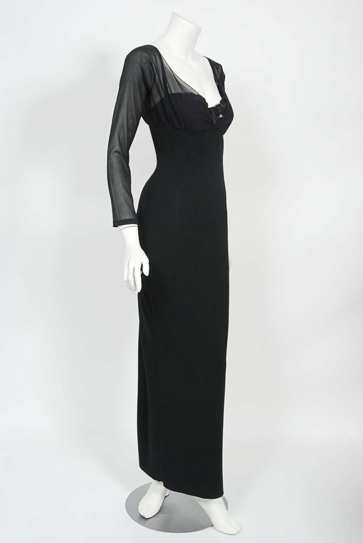 Vintage 2001 Dolce & Gabbana Sheer Black Silk Built-In Bra Plunge Hourglass Gown For Sale 4