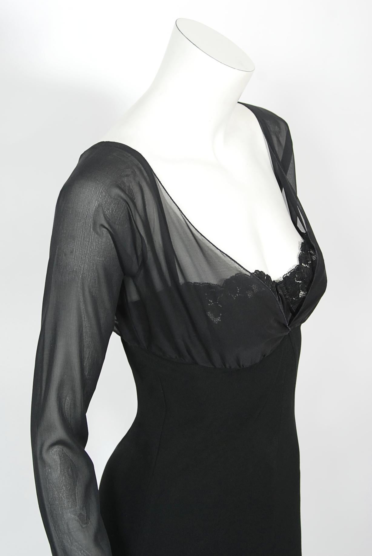 Vintage 2001 Dolce & Gabbana Sheer Black Silk Built-In Bra Plunge Hourglass Gown For Sale 5