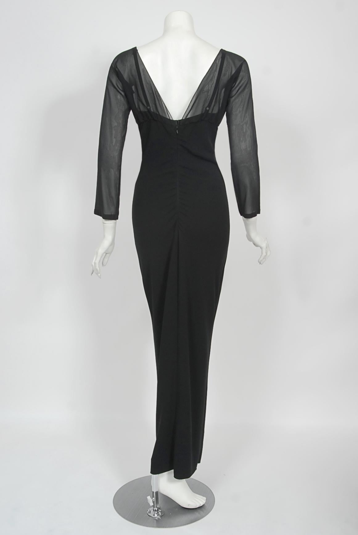 Vintage 2001 Dolce & Gabbana Sheer Black Silk Built-In Bra Plunge Hourglass Gown For Sale 6