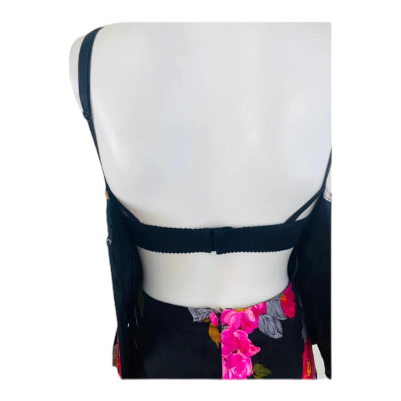 Vintage 2001 Dolce + Gabbana Silk Black + Pink Floral Corset Bustier Set Skirt For Sale 8