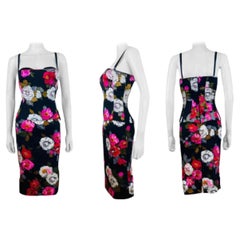 Vintage 2001 Dolce + Gabbana Silk Black + Pink Floral Corset Bustier Set Skirt