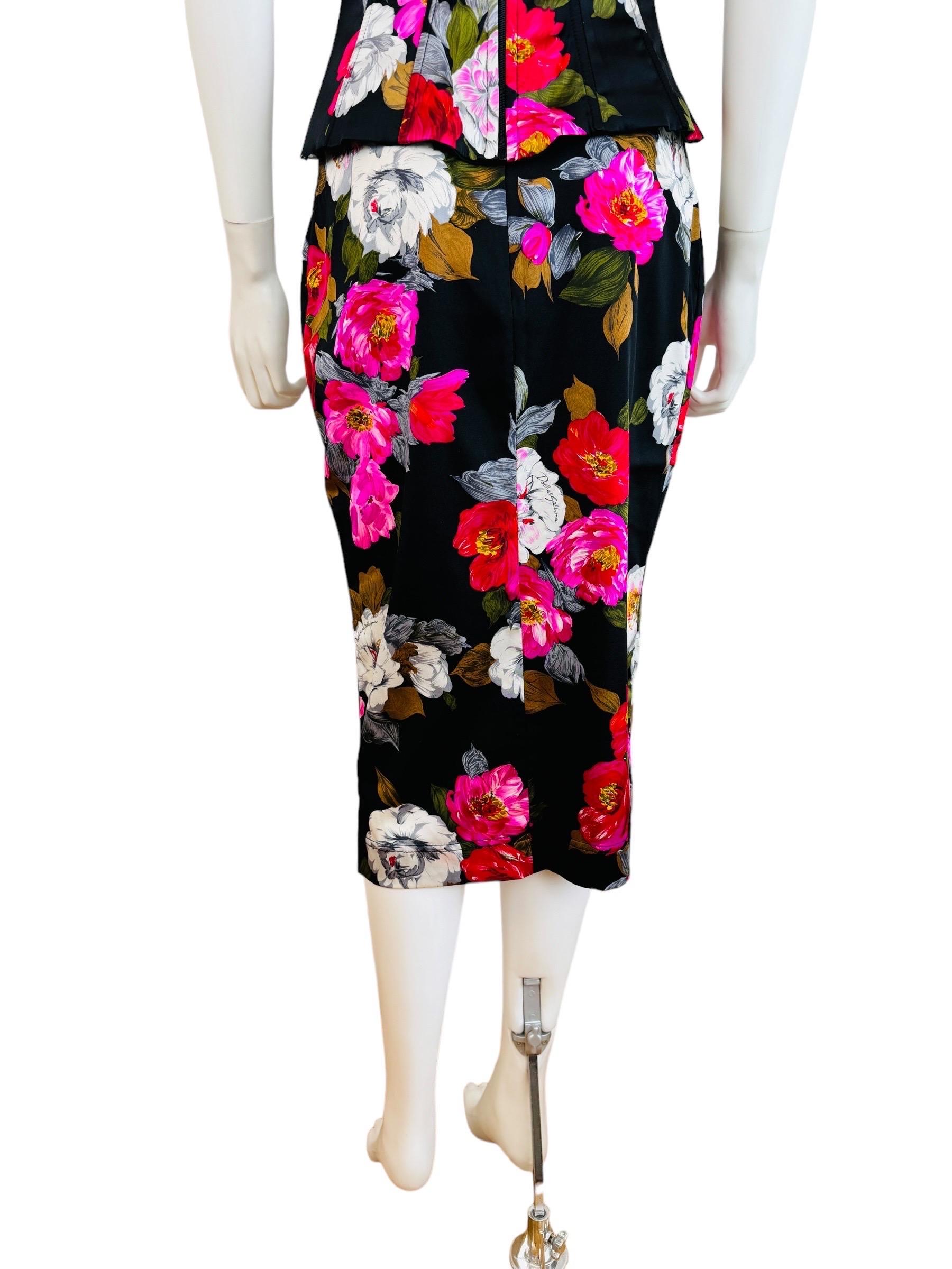 Vintage 2001 Dolce + Gabbana Silk Black + Pink Floral Roses Corset Top + Skirt For Sale 5