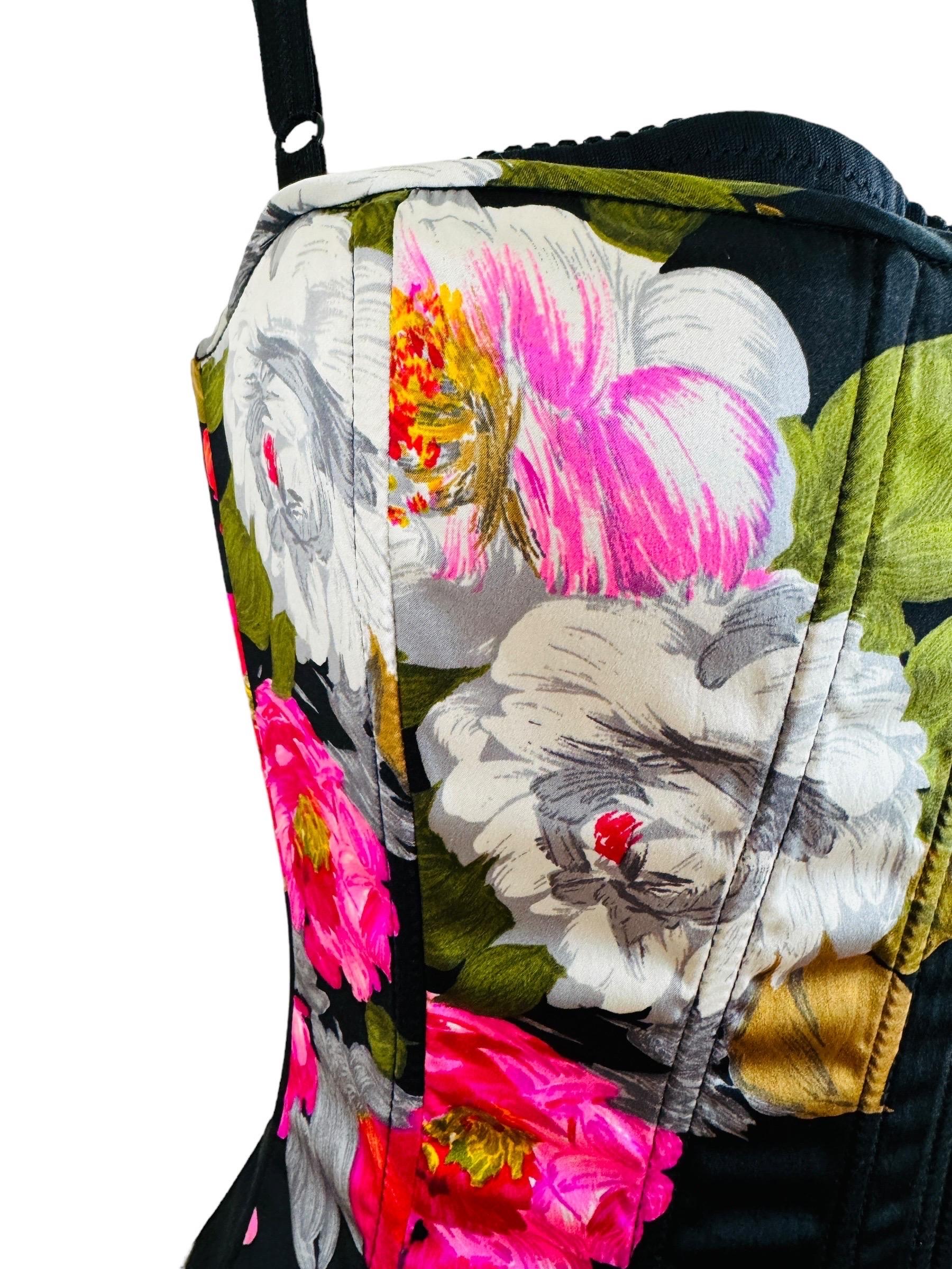 Vintage 2001 Dolce + Gabbana Silk Black + Pink Floral Roses Corset Top + Skirt For Sale 1
