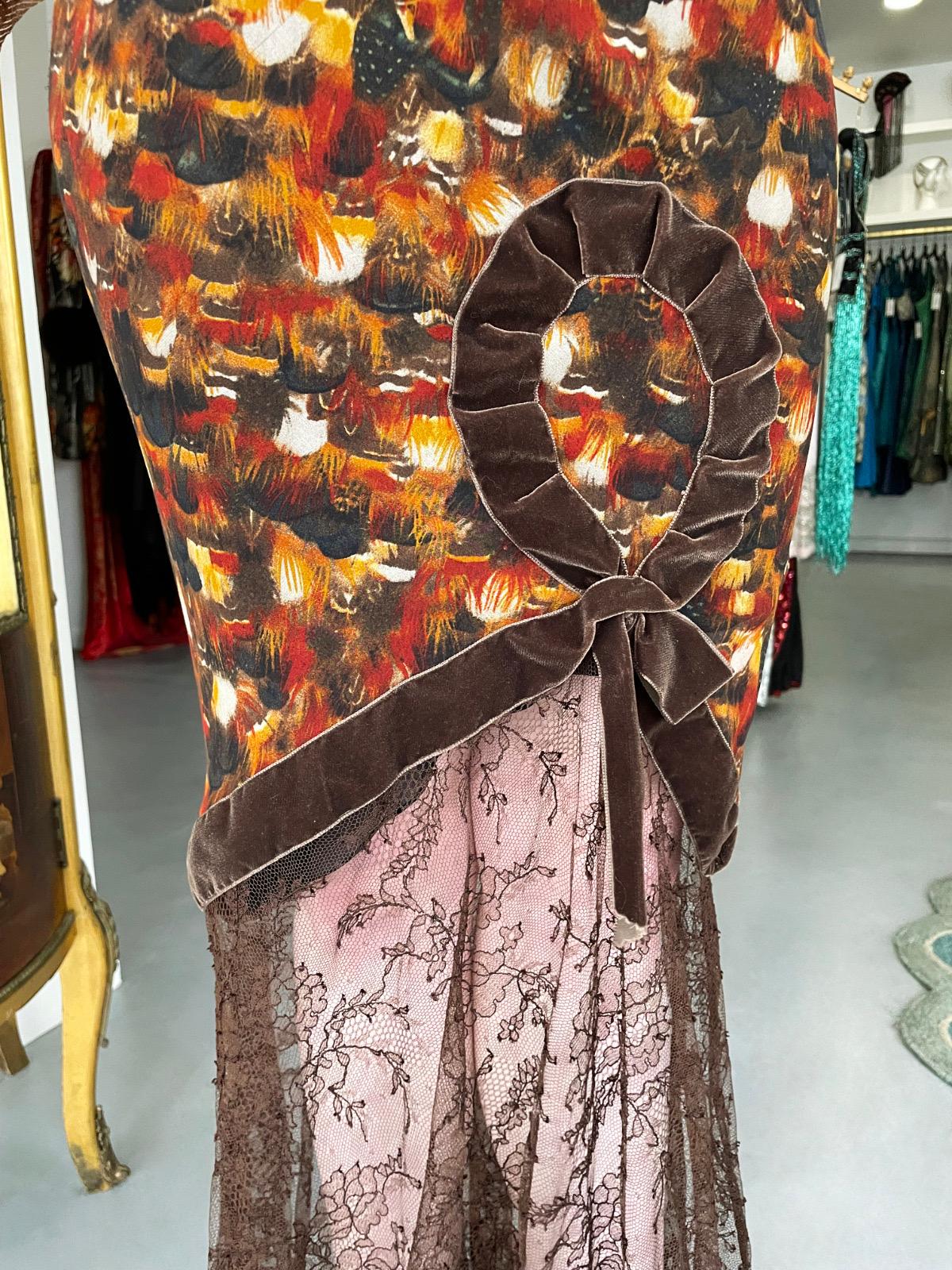 Vintage 2001 John Galliano Feather Print Silk & Sheer Lace Bias-Cut Slip Dress For Sale 1