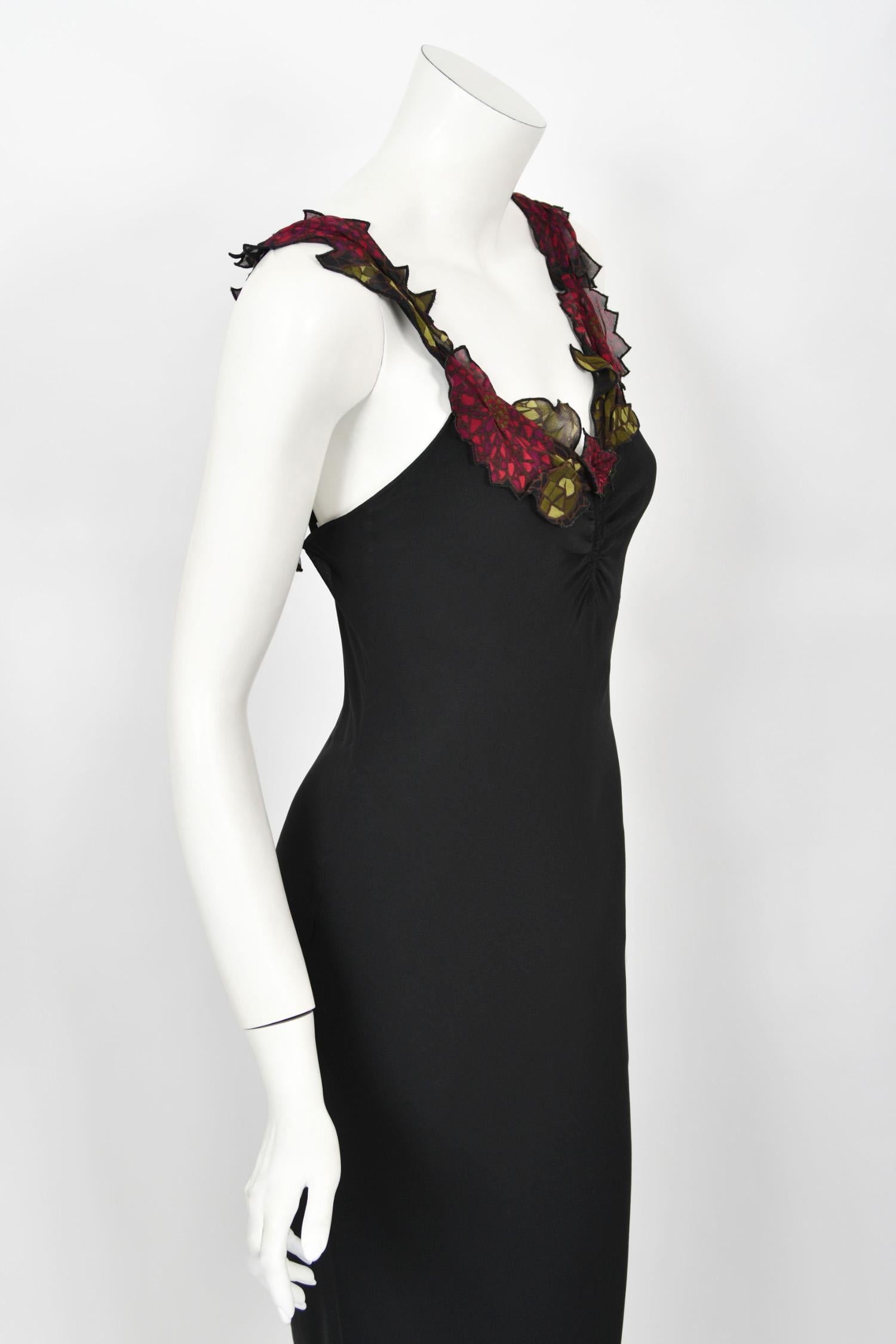 Vintage 2001 John Galliano Red Floral Appliqué Black Silk Chiffon Bias-Cut Gown 6
