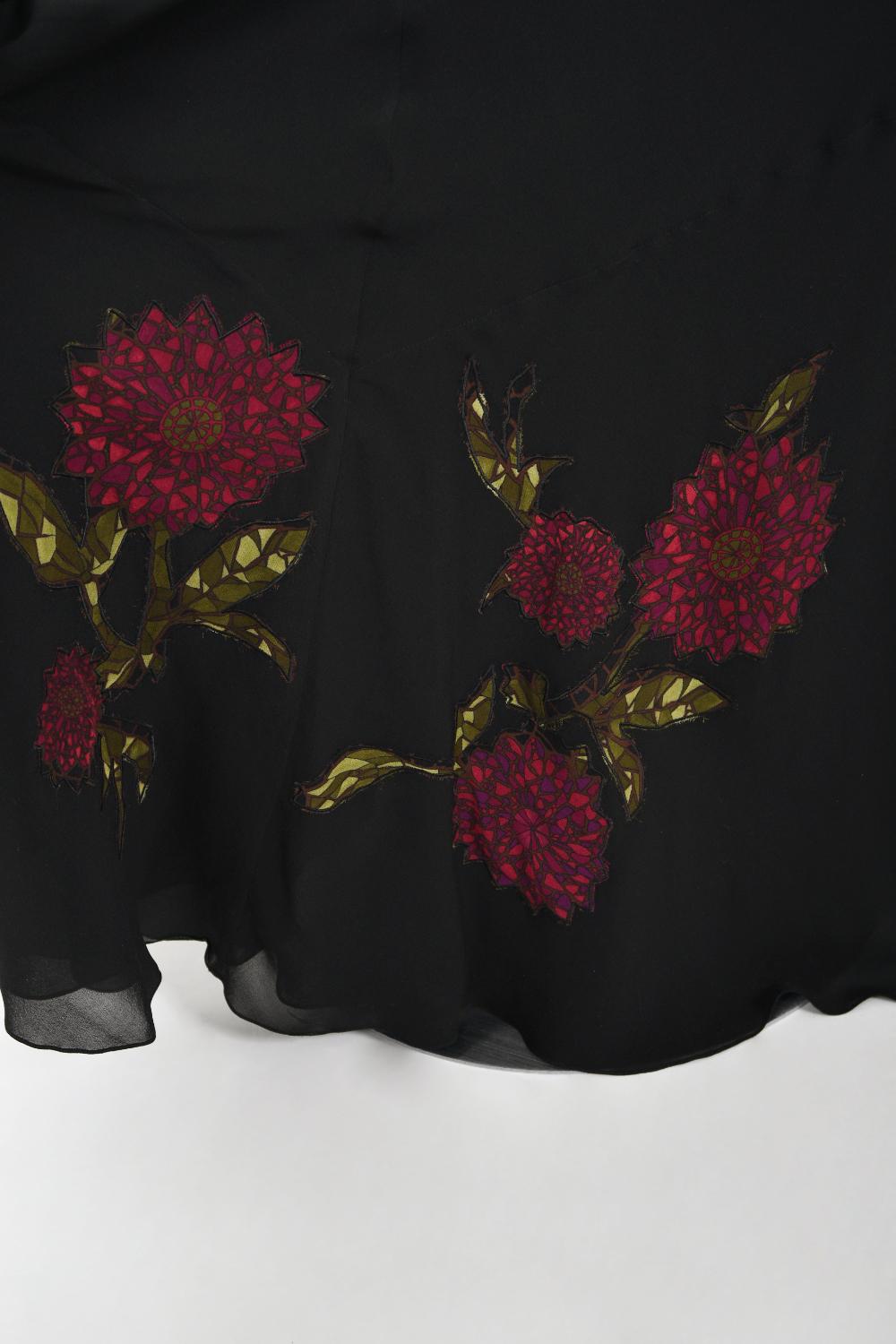 Vintage 2001 John Galliano Red Floral Appliqué Black Silk Chiffon Bias-Cut Gown 7