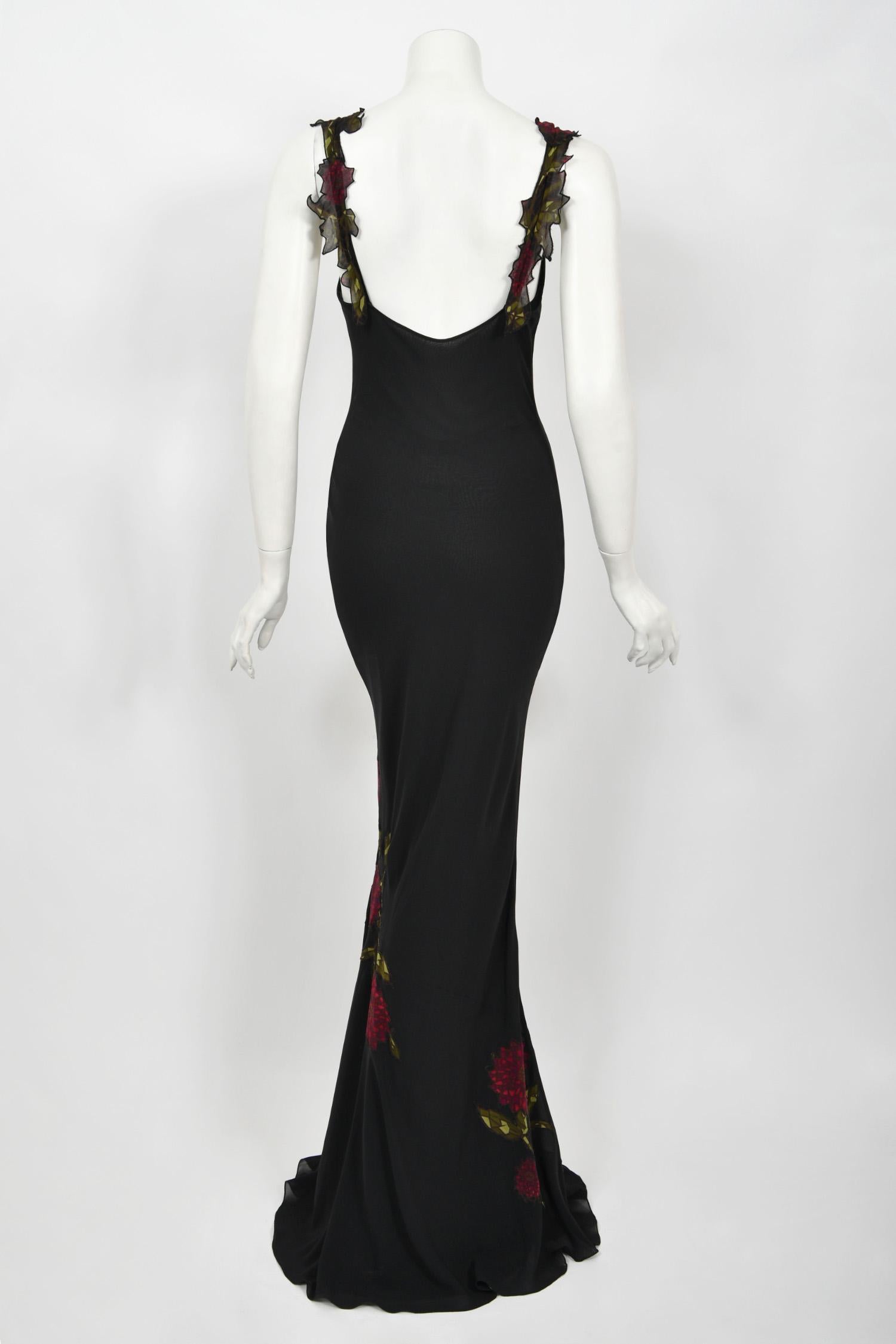 Vintage 2001 John Galliano Red Floral Appliqué Black Silk Chiffon Bias-Cut Gown 8