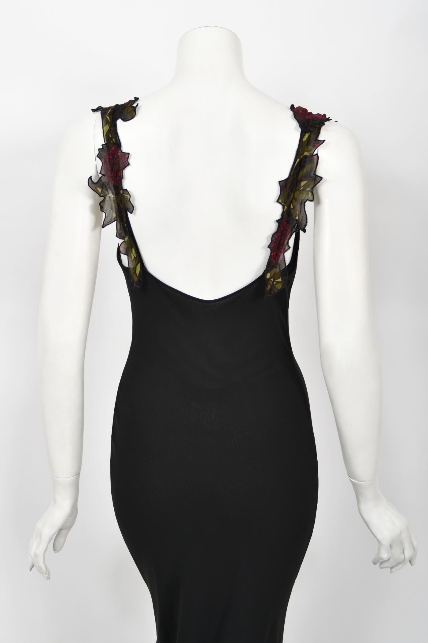 Vintage 2001 John Galliano Red Floral Appliqué Black Silk Chiffon Bias-Cut Gown 9