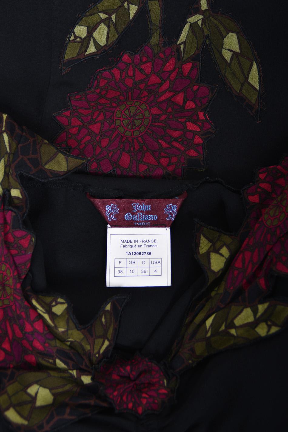 Vintage 2001 John Galliano Red Floral Appliqué Black Silk Chiffon Bias-Cut Gown 10