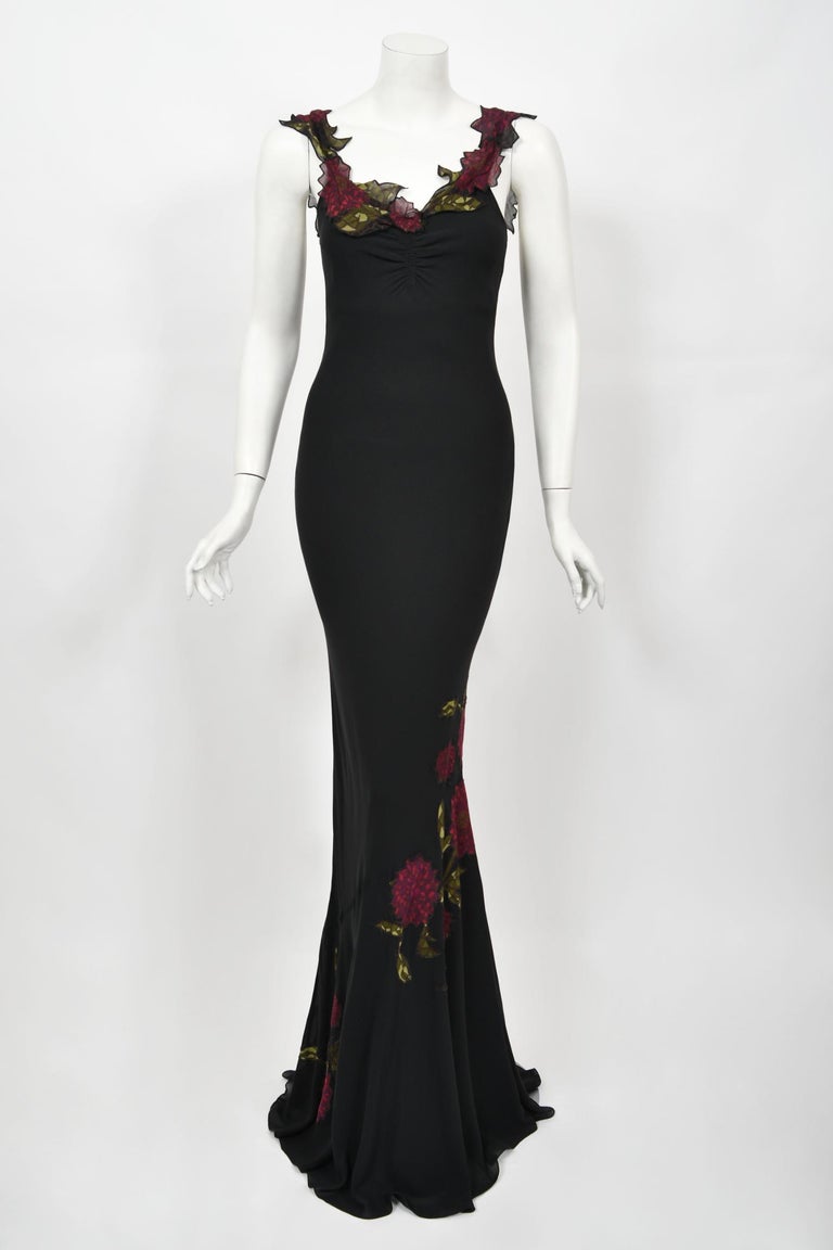 Vintage 2001 John Galliano Red Floral Appliqu Black Silk Chiffon Bias-Cut Gown at 1stDibs Vintage 2001 John Galliano Red Floral Appliqu Black Silk Chiffon Bias-Cut Gown at 1stDibs