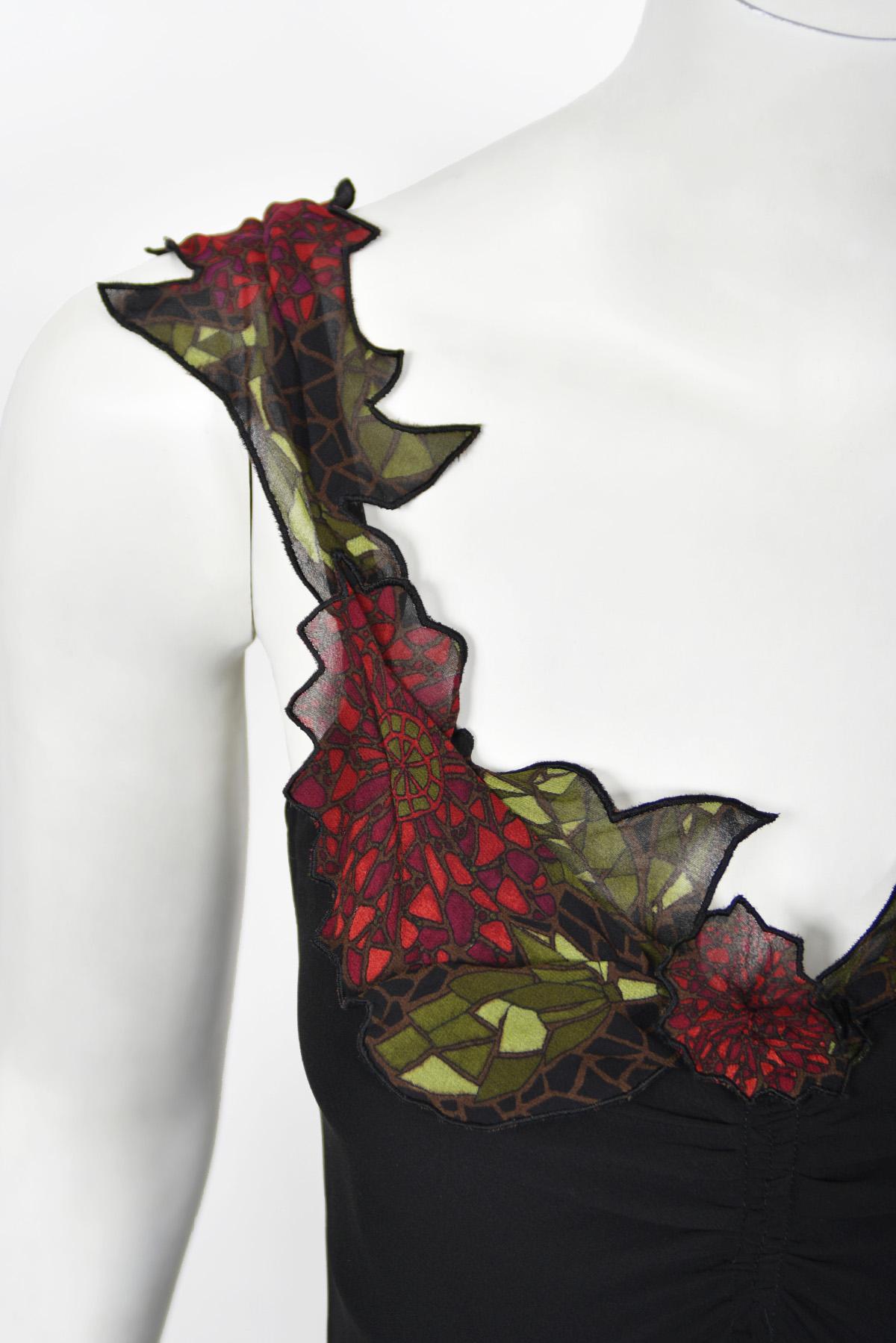 Women's Vintage 2001 John Galliano Red Floral Appliqué Black Silk Chiffon Bias-Cut Gown