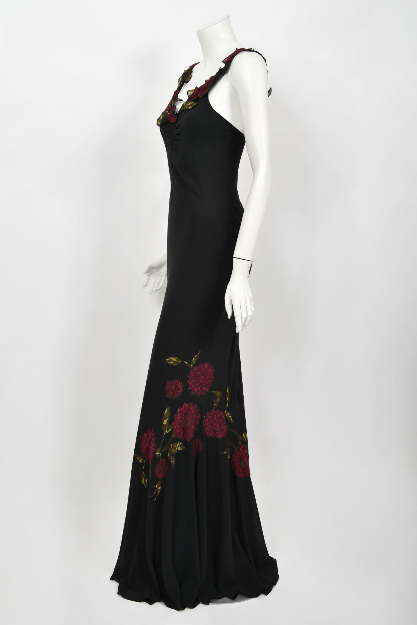 Vintage 2001 John Galliano Red Floral Appliqué Black Silk Chiffon Bias-Cut Gown 1