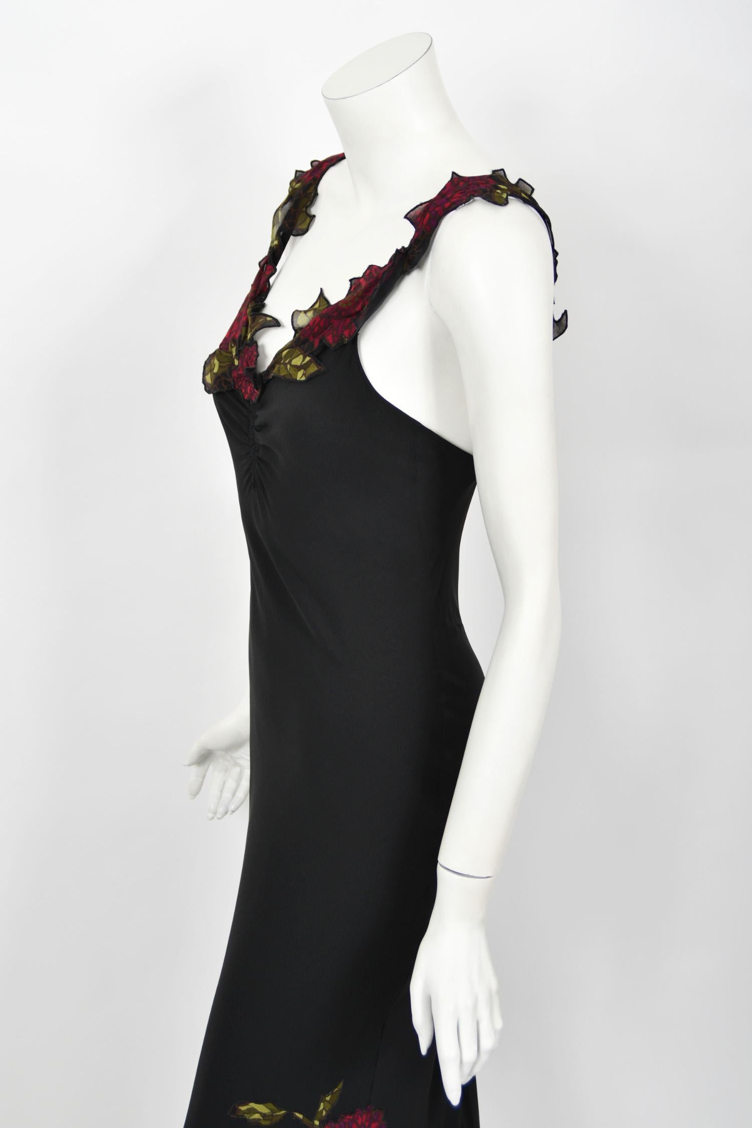 Vintage 2001 John Galliano Red Floral Appliqué Black Silk Chiffon Bias-Cut Gown 2