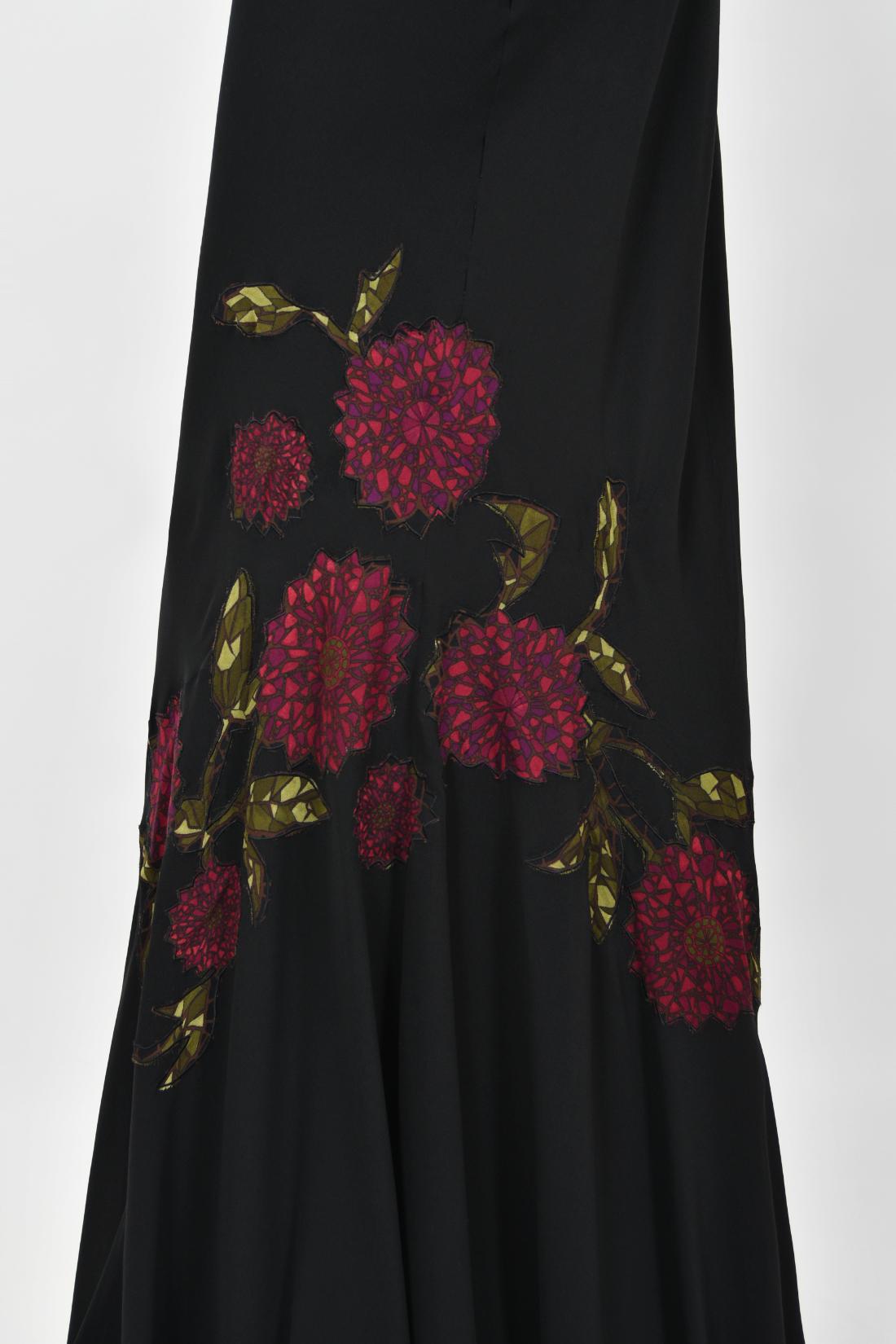 Vintage 2001 John Galliano Red Floral Appliqué Black Silk Chiffon Bias-Cut Gown 3