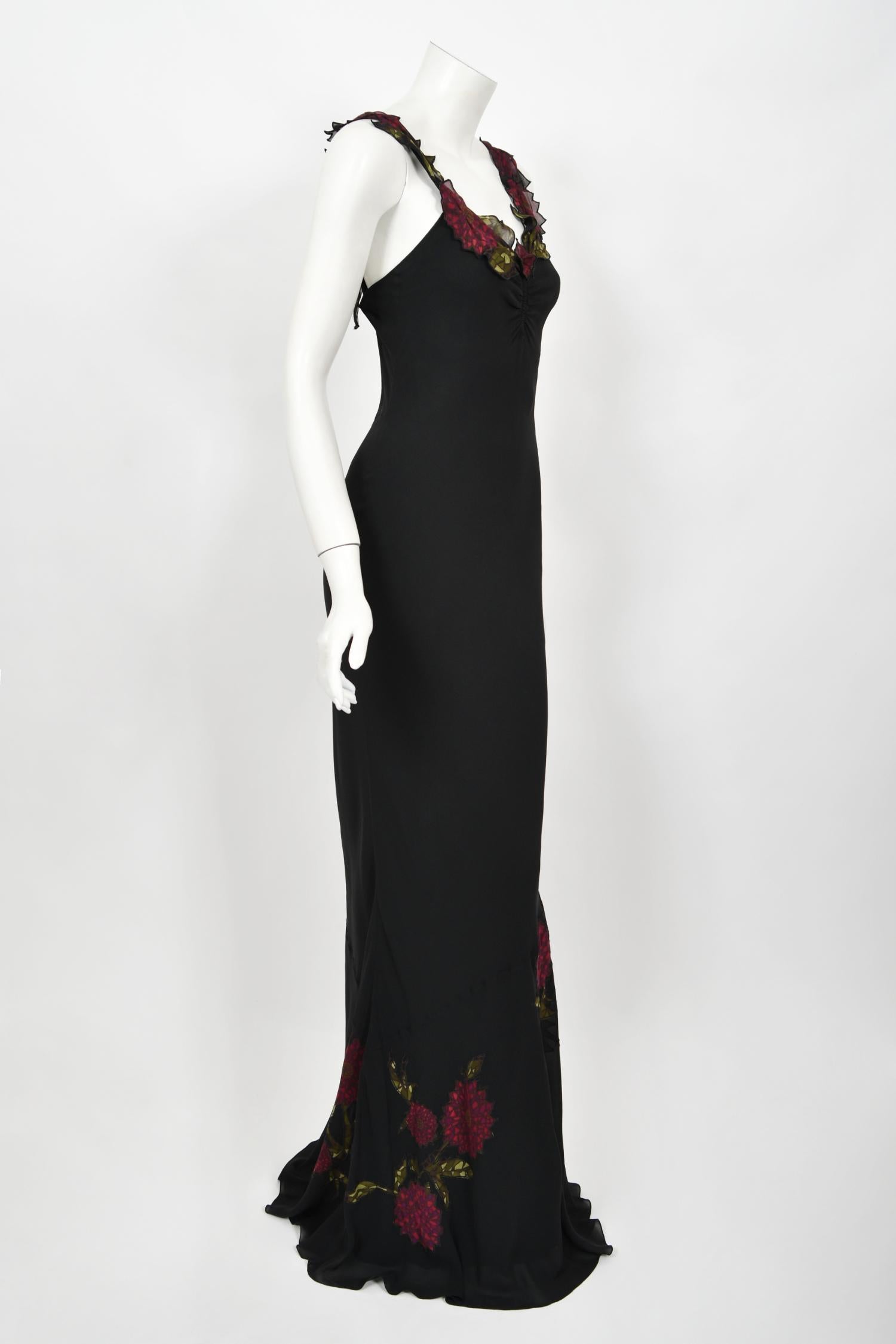 Vintage 2001 John Galliano Red Floral Appliqué Black Silk Chiffon Bias-Cut Gown 5