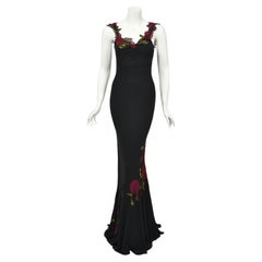 Vintage 2001 John Galliano Red Floral Appliqué Black Silk Chiffon Bias-Cut Gown 
