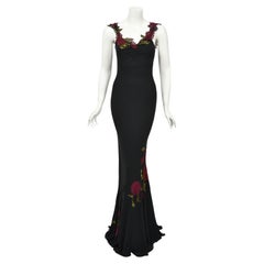 Vintage 2001 John Galliano Red Floral Appliqué Black Silk Chiffon Bias-Cut Gown