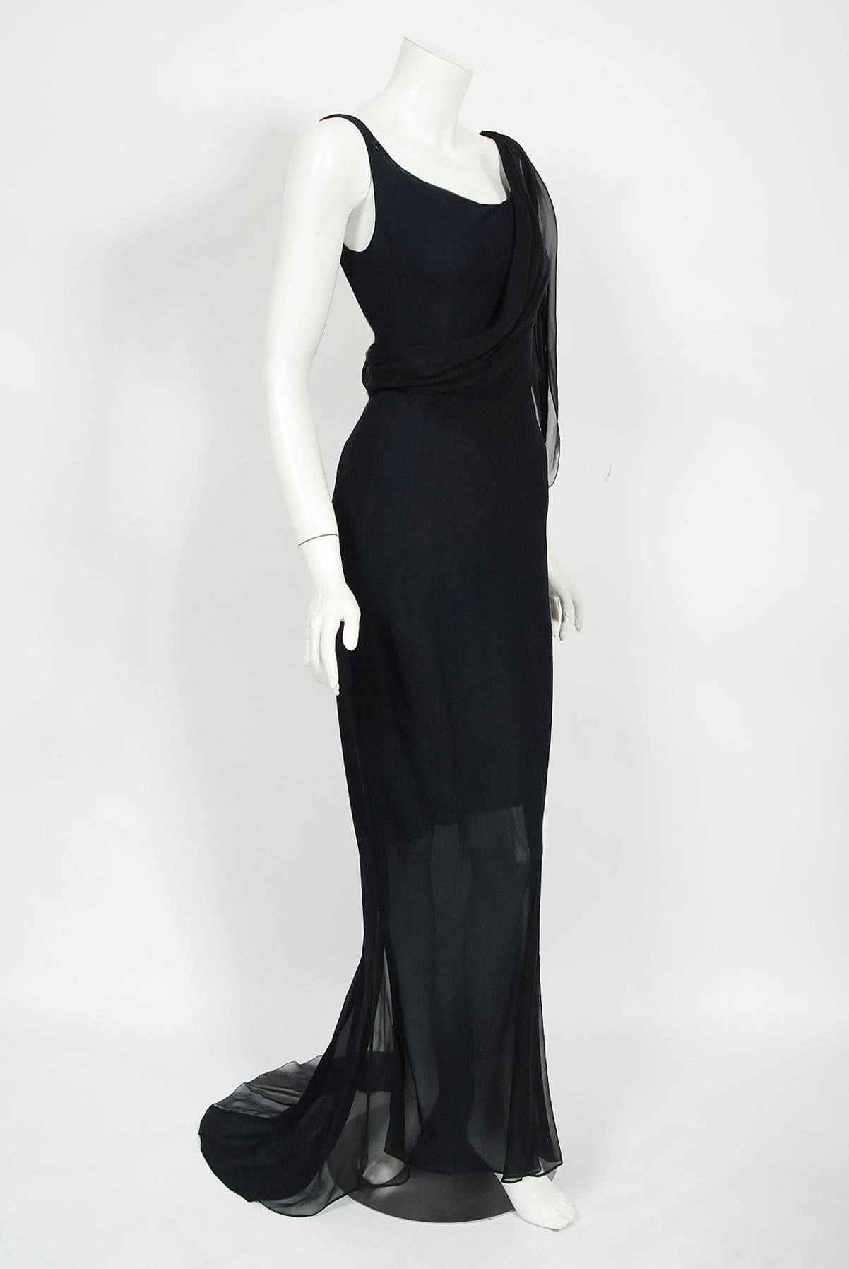 Vintage 2002 Chanel Cruise Collection Midnight Blue Silk Bias-Cut Draped Gown 6