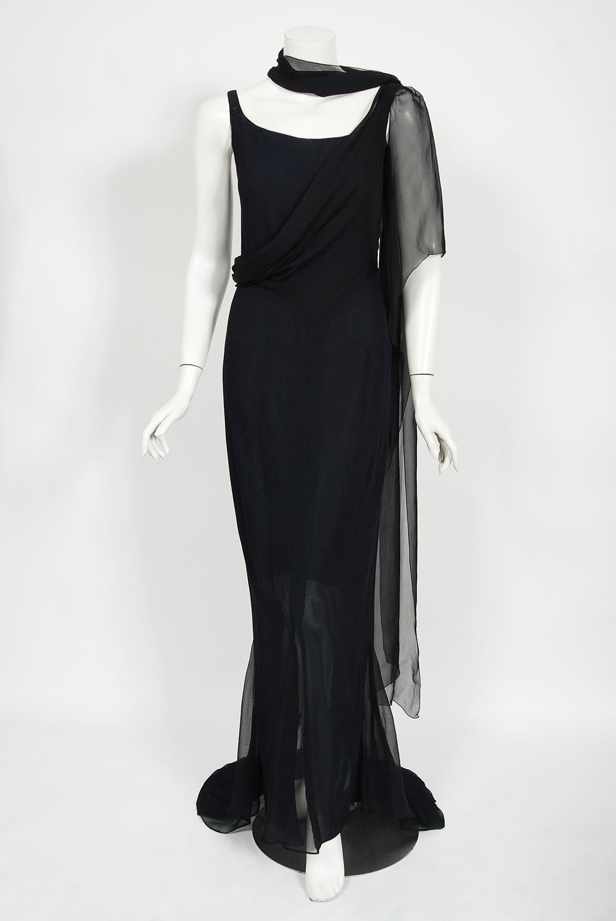 Vintage 2002 Chanel Cruise Collection Midnight Blue Silk Bias-Cut Draped Gown 4