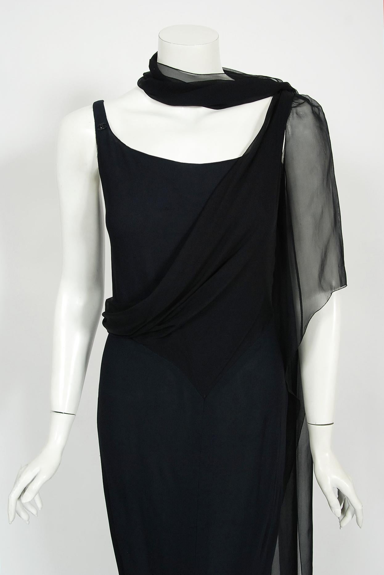 Vintage 2002 Chanel Cruise Collection Midnight Blue Silk Bias-Cut Draped Gown 5