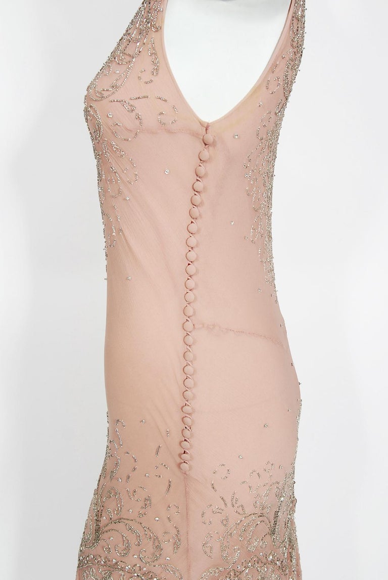 Vintage 2002 Christian Dior by Galliano Beaded Pale Pink Chiffon Bias-Cut Gown For Sale 6