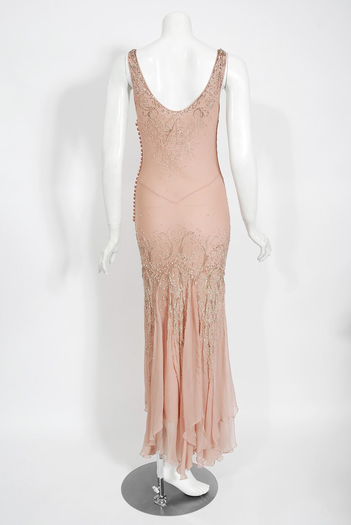 Vintage 2002 Christian Dior by Galliano Beaded Pale Pink Chiffon Bias-Cut Gown 4