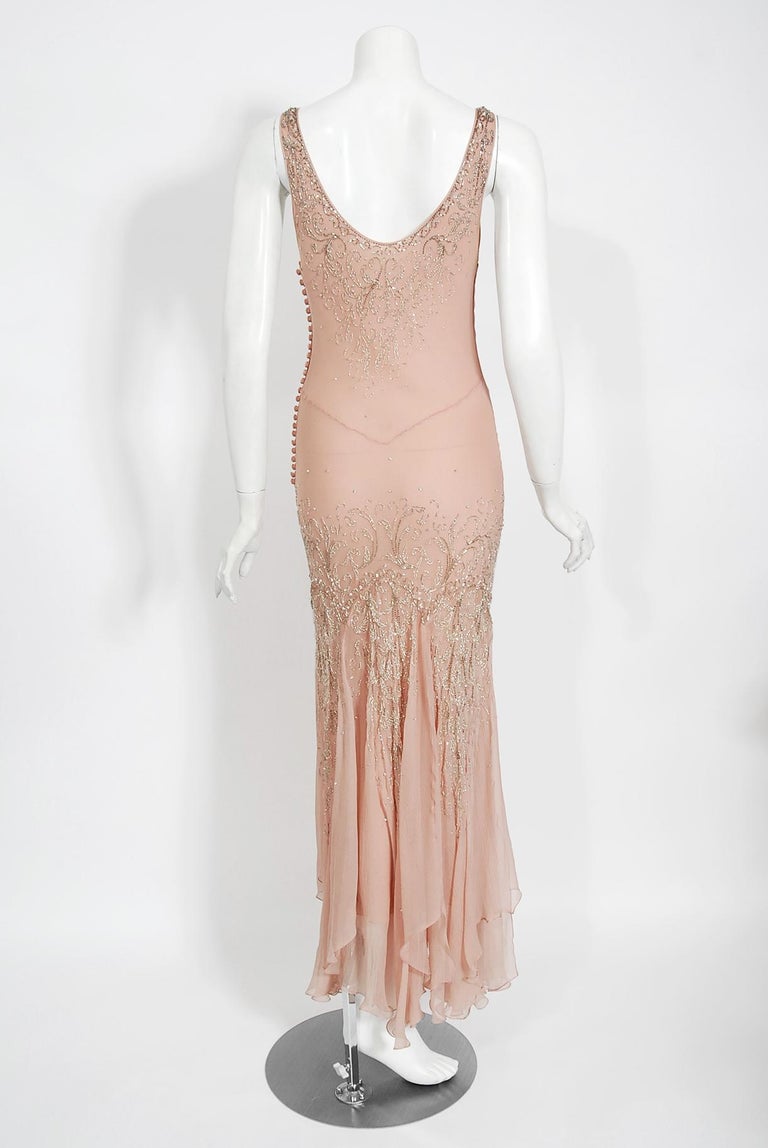Vintage 2002 Christian Dior by Galliano Beaded Pale Pink Chiffon Bias-Cut Gown For Sale 7