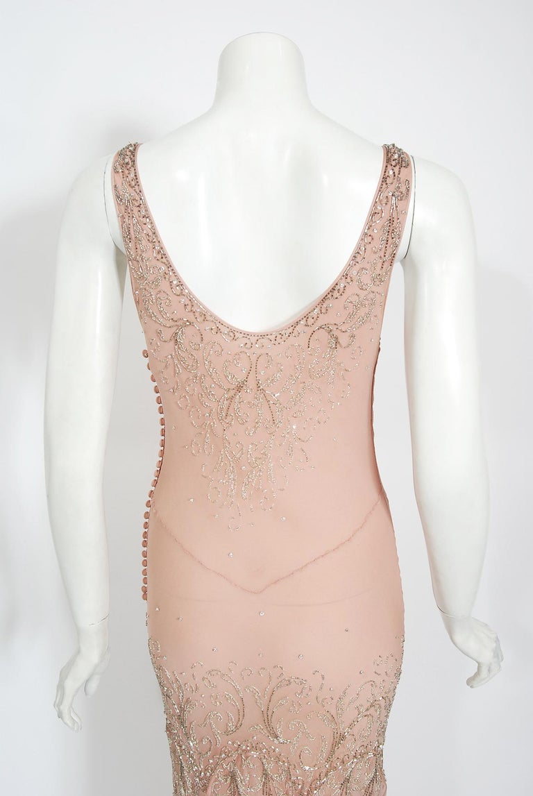 Vintage 2002 Christian Dior by Galliano Beaded Pale Pink Chiffon Bias-Cut Gown For Sale 8