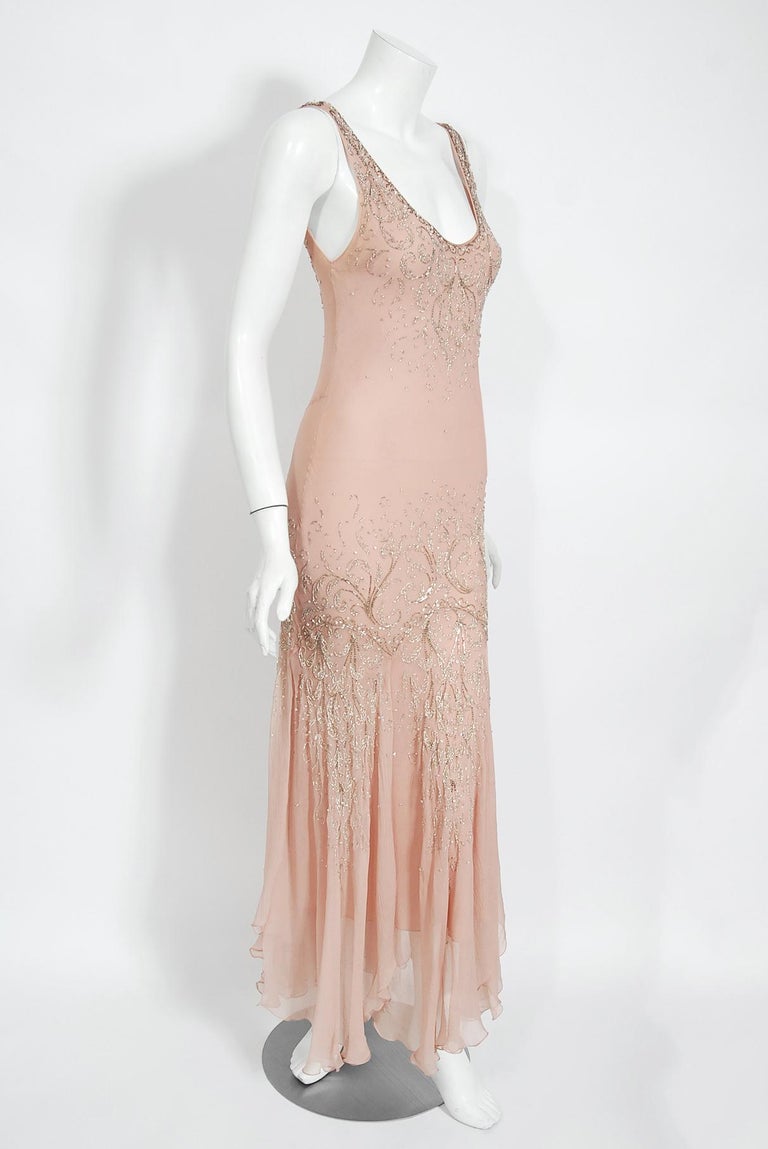 Vintage 2002 Christian Dior by Galliano Beaded Pale Pink Chiffon Bias-Cut Gown In Good Condition For Sale In Beverly Hills, CA