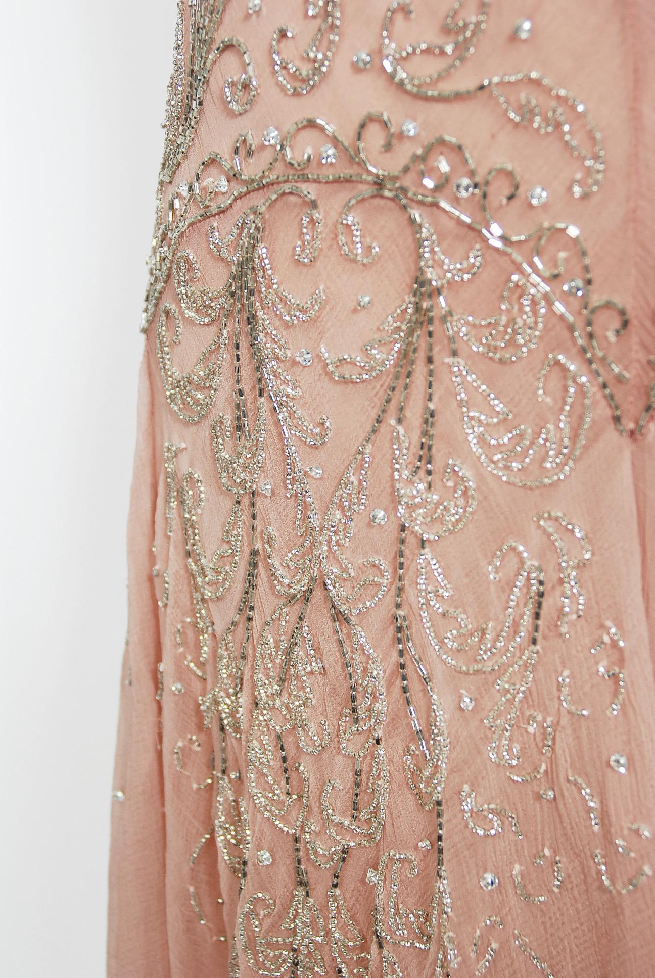 Vintage 2002 Christian Dior by Galliano Beaded Pale Pink Chiffon Bias-Cut Gown In Good Condition In Beverly Hills, CA