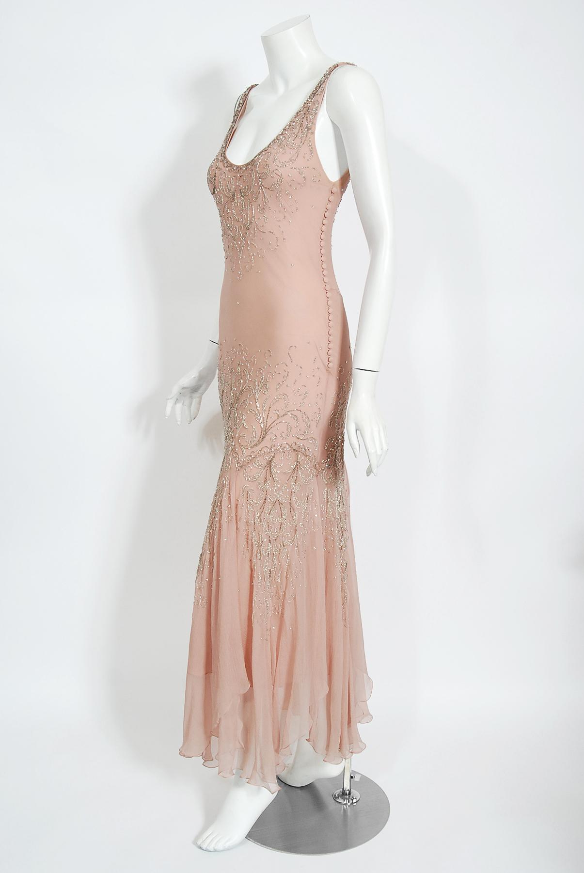 Vintage 2002 Christian Dior by Galliano Beaded Pale Pink Chiffon Bias-Cut Gown 1