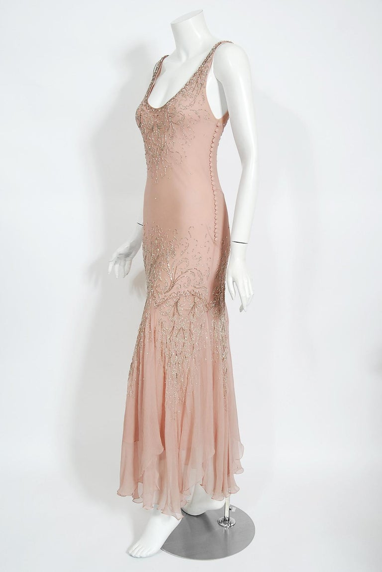 Vintage 2002 Christian Dior by Galliano Beaded Pale Pink Chiffon Bias-Cut Gown For Sale 4