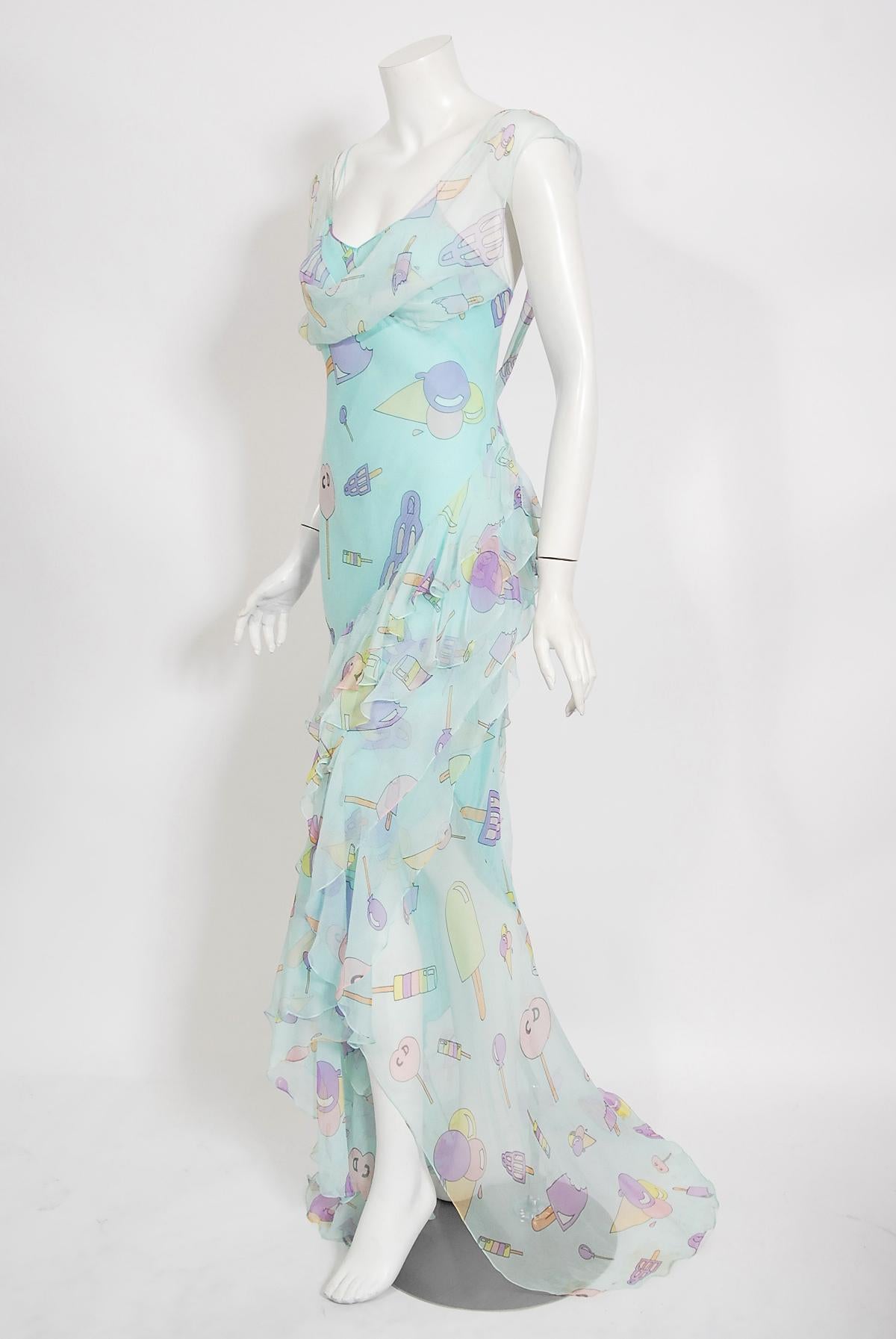 Gray Vintage 2002 Christian Dior by Galliano Novelty Candy Print Silk Bias-Cut Gown