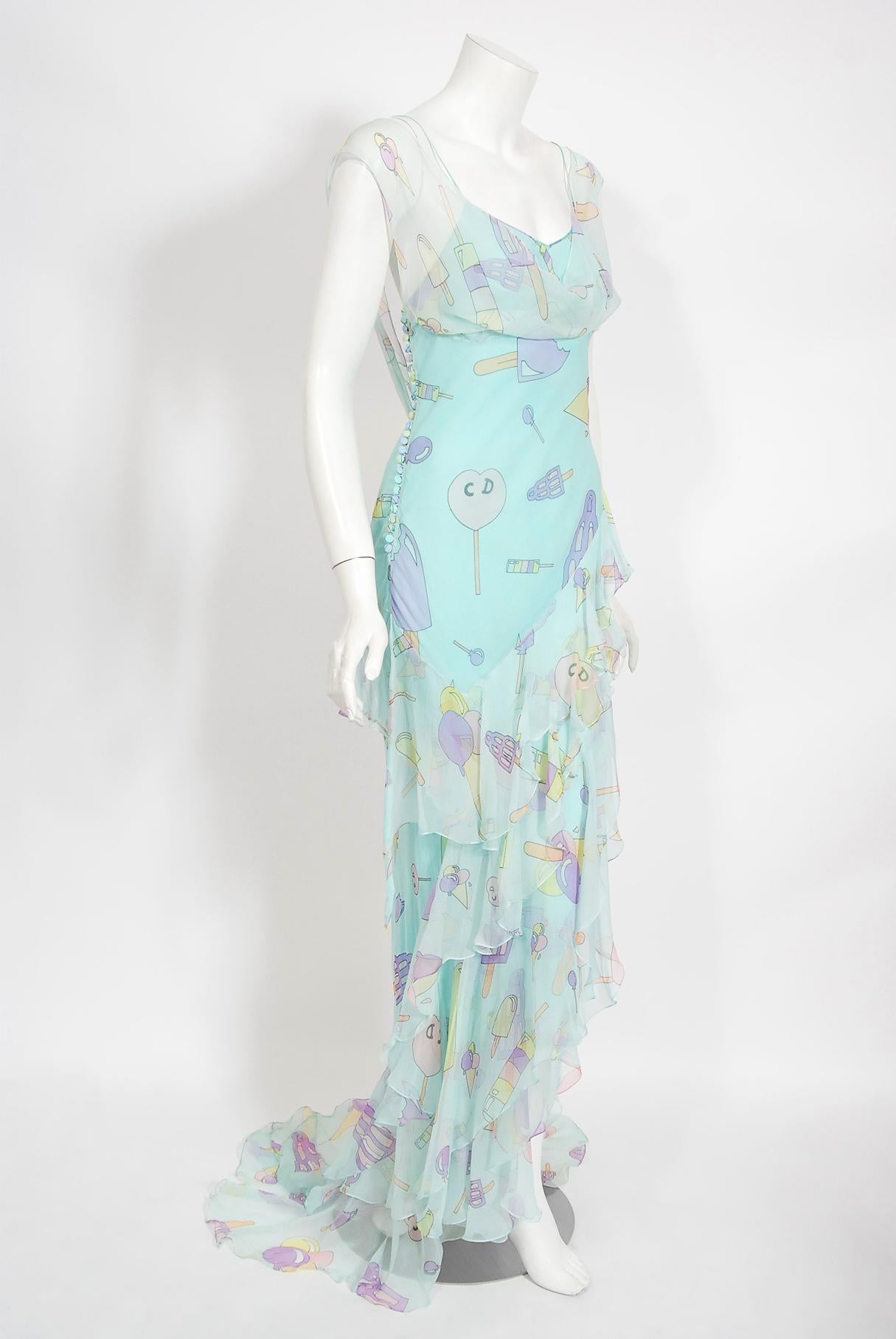 Women's Vintage 2002 Christian Dior by Galliano Novelty Candy Print Silk Bias-Cut Gown