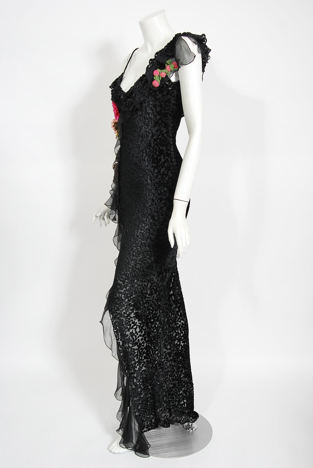 Vintage 2002 Christian Dior by Galliano Silk Velvet Floral Accent Bias-Cut Gown 6