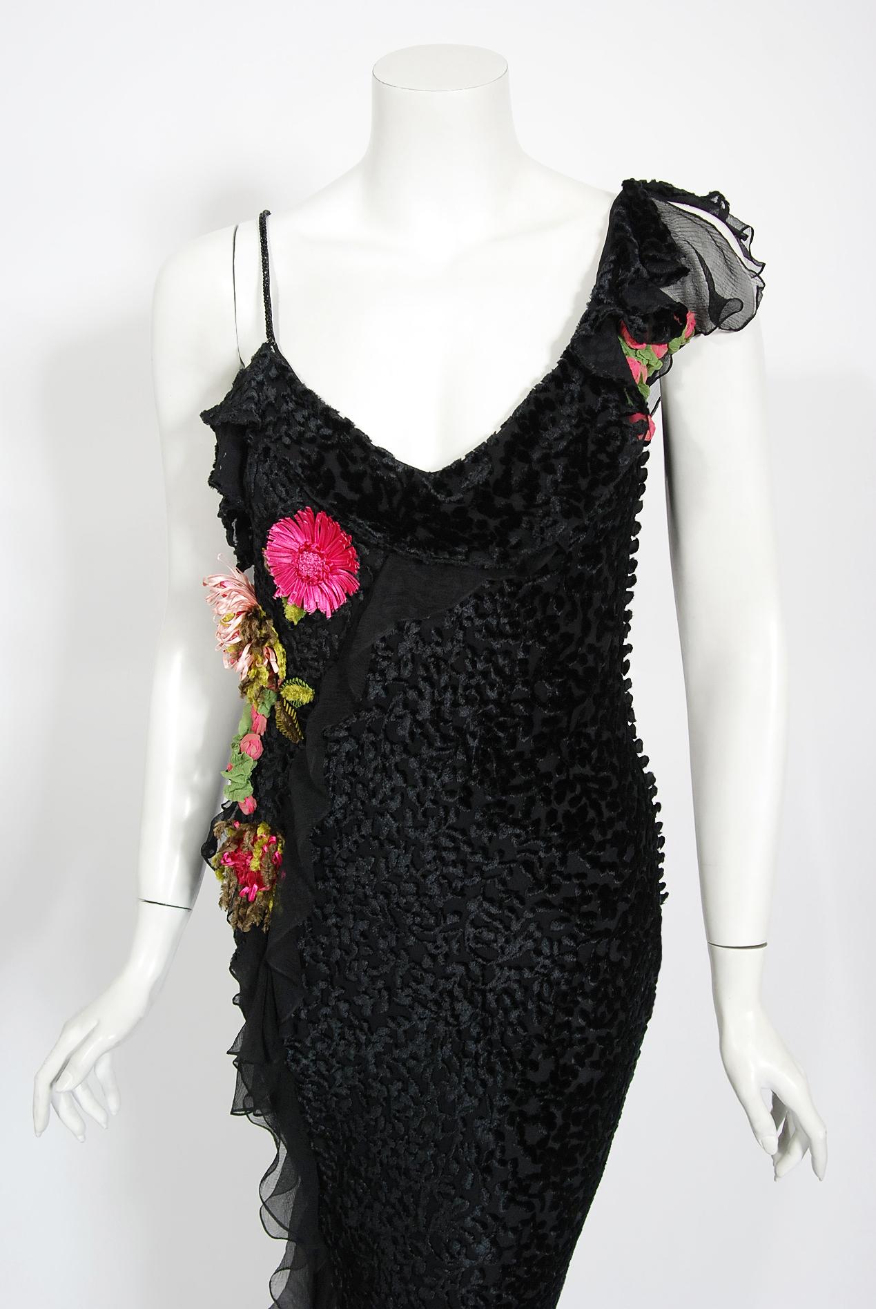 Black Vintage 2002 Christian Dior by Galliano Silk Velvet Floral Accent Bias-Cut Gown